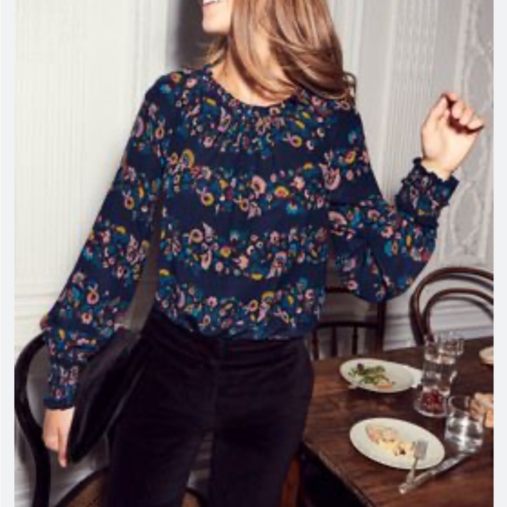 Boden Sadie Silk Long Sleeve Ruffle Blouse Navy Floral Size 4